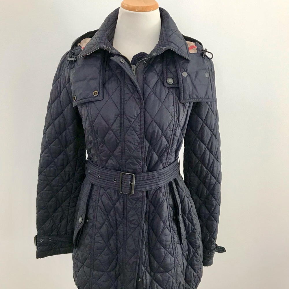 Burberry  Finsbridge Hooded Quilted Long Jacket Navy Coat Medium